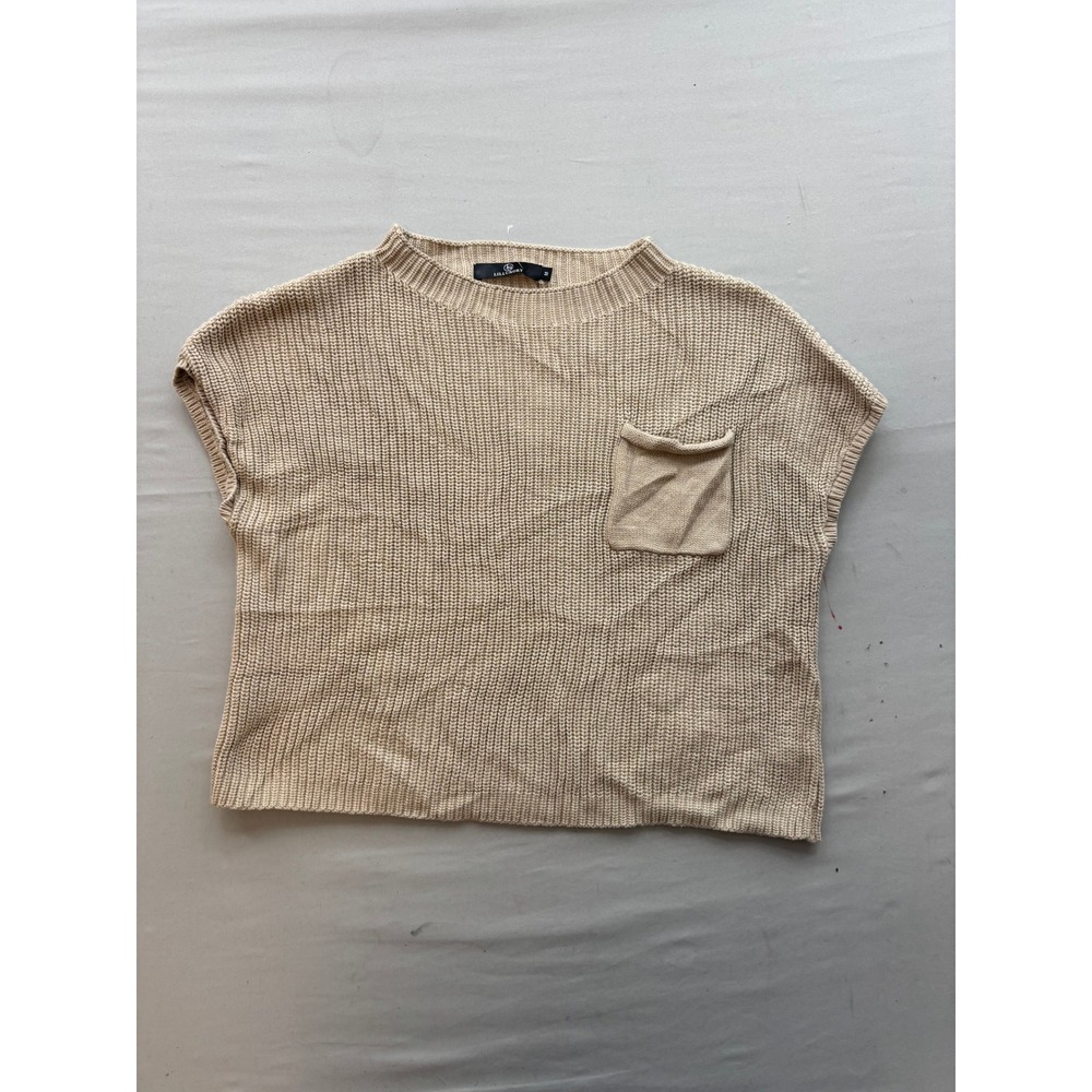 LILLUSORY Womens Tan Beige Ribbed Knit Sleeveless Sweater Vest Pocket Medium